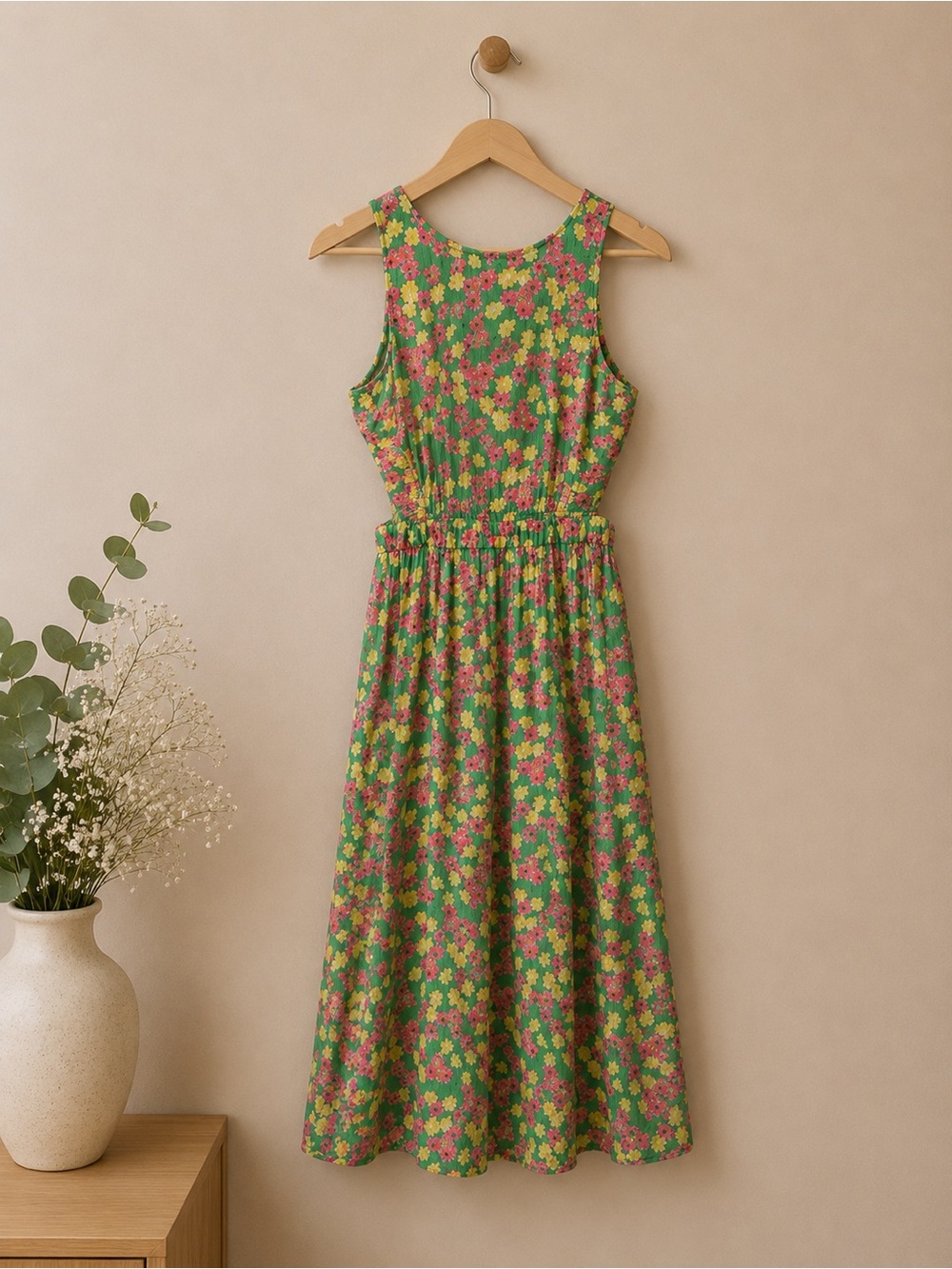 Vintage Mod Floral Cutout Waist Midi Dress Retro Garden Party Spring Cottagecore